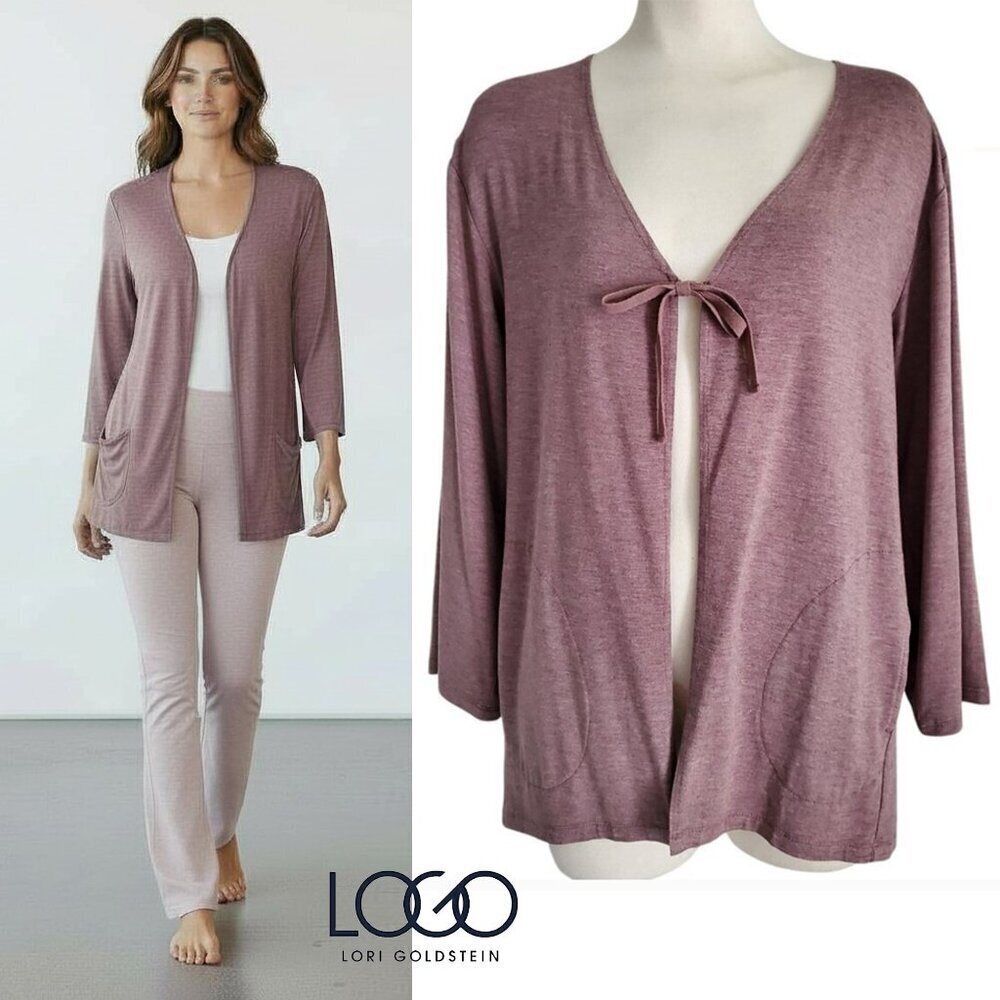 LOGO by Lori Goldstein Knit Tie Front Yoga Cardigan in Mauve Dusty Purple XS